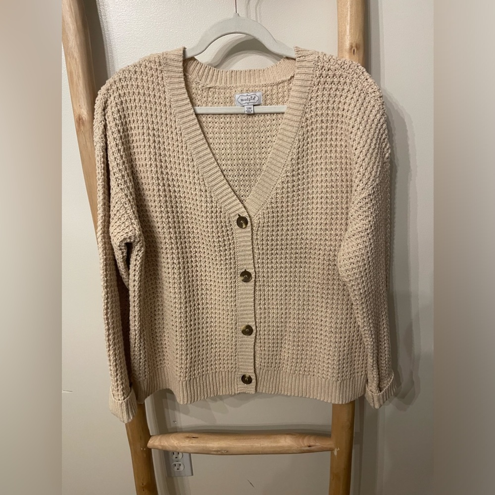 Mudpie Kara Boho Knit Button Front V-Neck Casual Neutral Cardigan Cream S/M - Picture 4 of 7